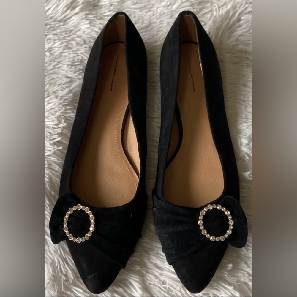 Loft black suede pointed toe medallion formal loafers flat shoes